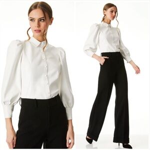 Alice and Olivia Nadine Vegan Leather Puff Sleeve Button up Shirt